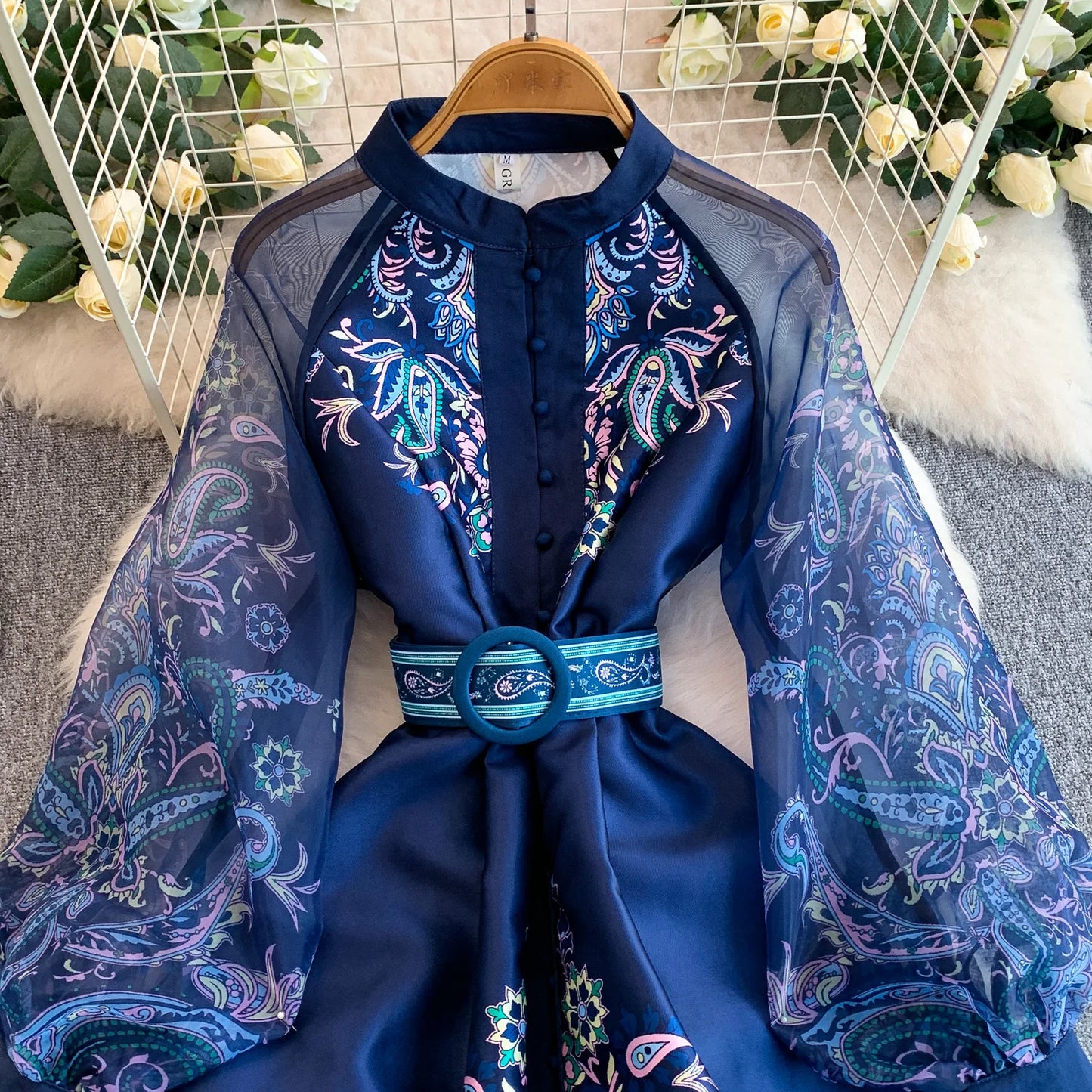 Elegant European Court Style Vintage Mesh Splice Print Lantern Sleeve Long Dress Women's Waist Cinching Slimming Maxi Gown