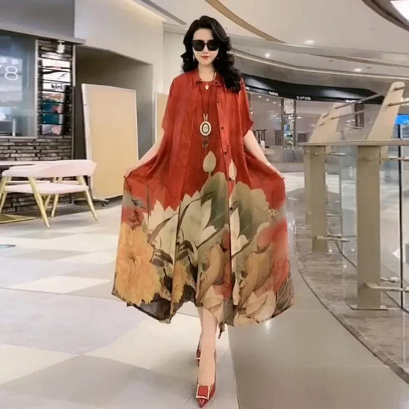 Elegant Printed Chiffon Dress Two-Piece Set