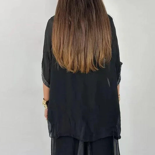 Women's Summer Chiffon Sequin Patchwork Casual Set — Batwing Sleeve Top & Wide Leg Pants