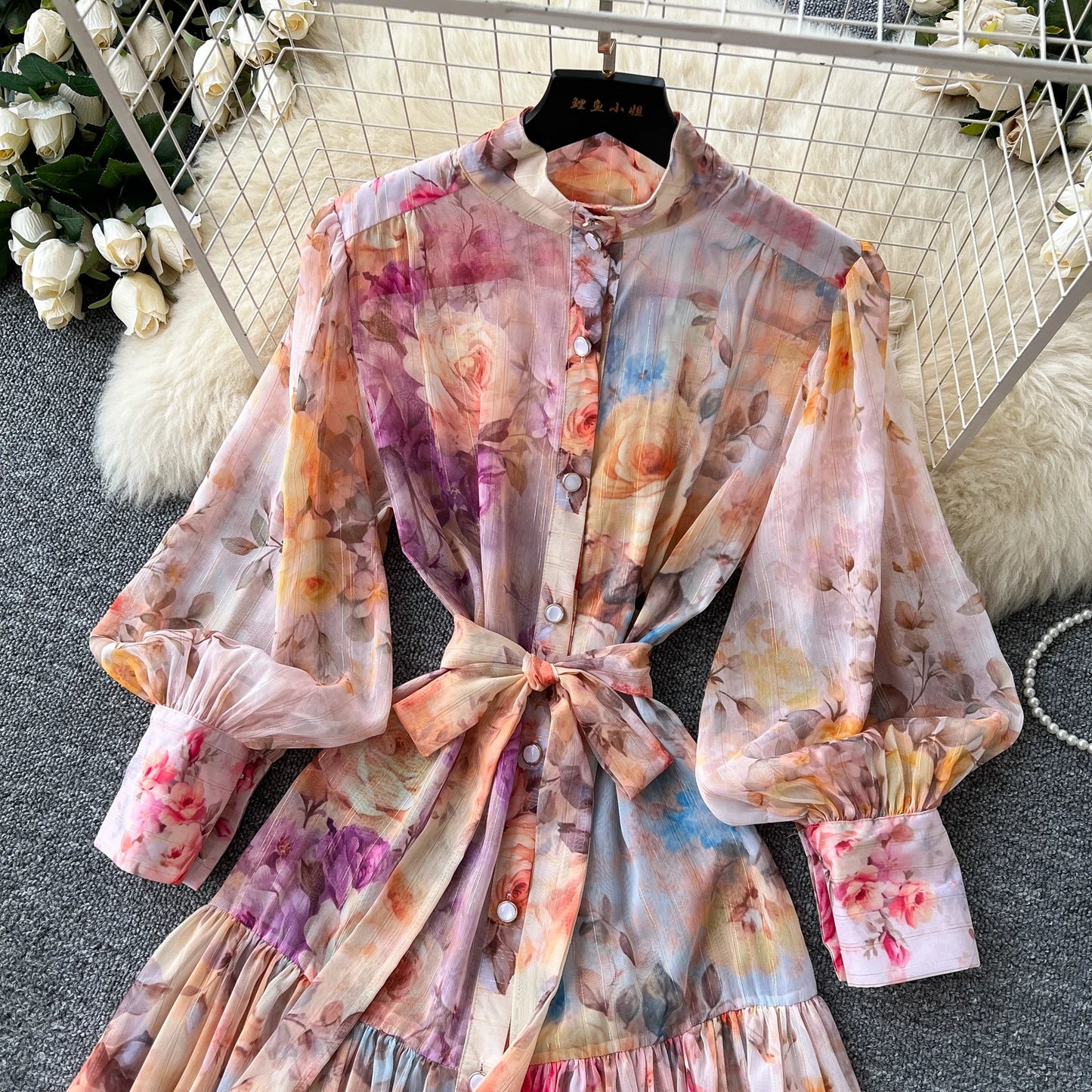 Women's French Vintage Palace Print Dress — Stand Collar Lantern Sleeve A-Line
