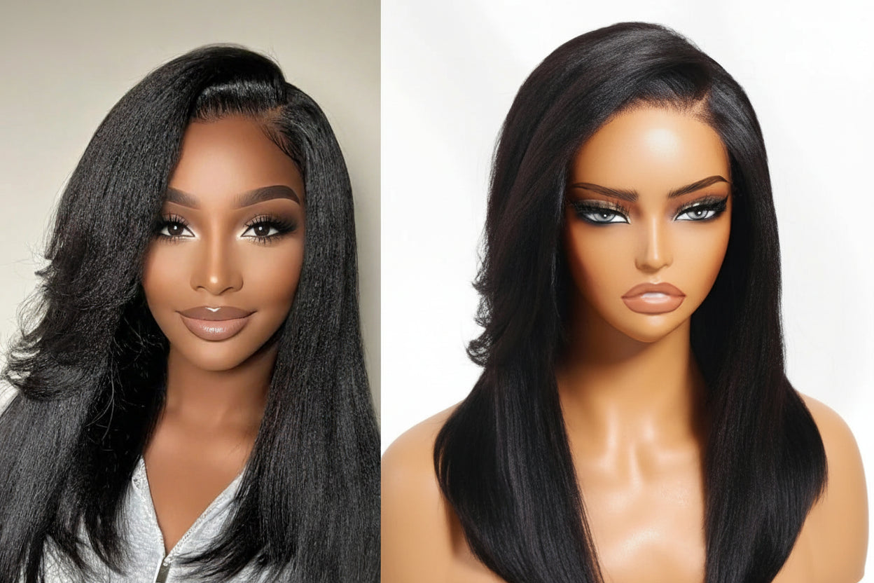7x5 Lace Drawstring Cap Yaki Straight Wig With Side Bangs Pre Cut Pre Bleached Glueless Wig Human Hair 150% Density