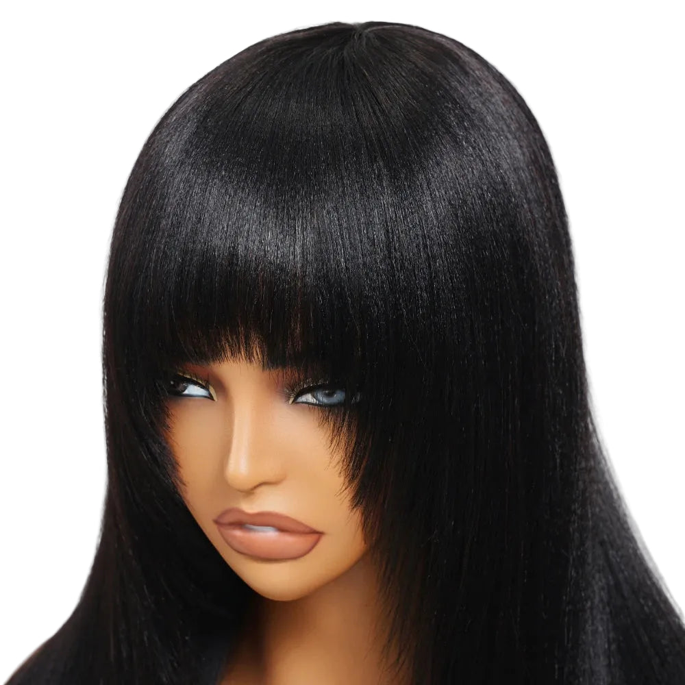 Layered Cut Yaki Straight Wig With Bangs 100% Human Hair Full Machine Made Wig 150% Density