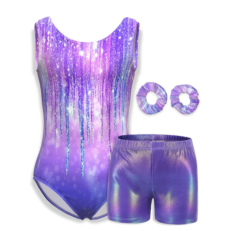 Girls Gymnastics Leotard Set – Shiny Colorful Sleeveless Tank with Shorts & Hairband