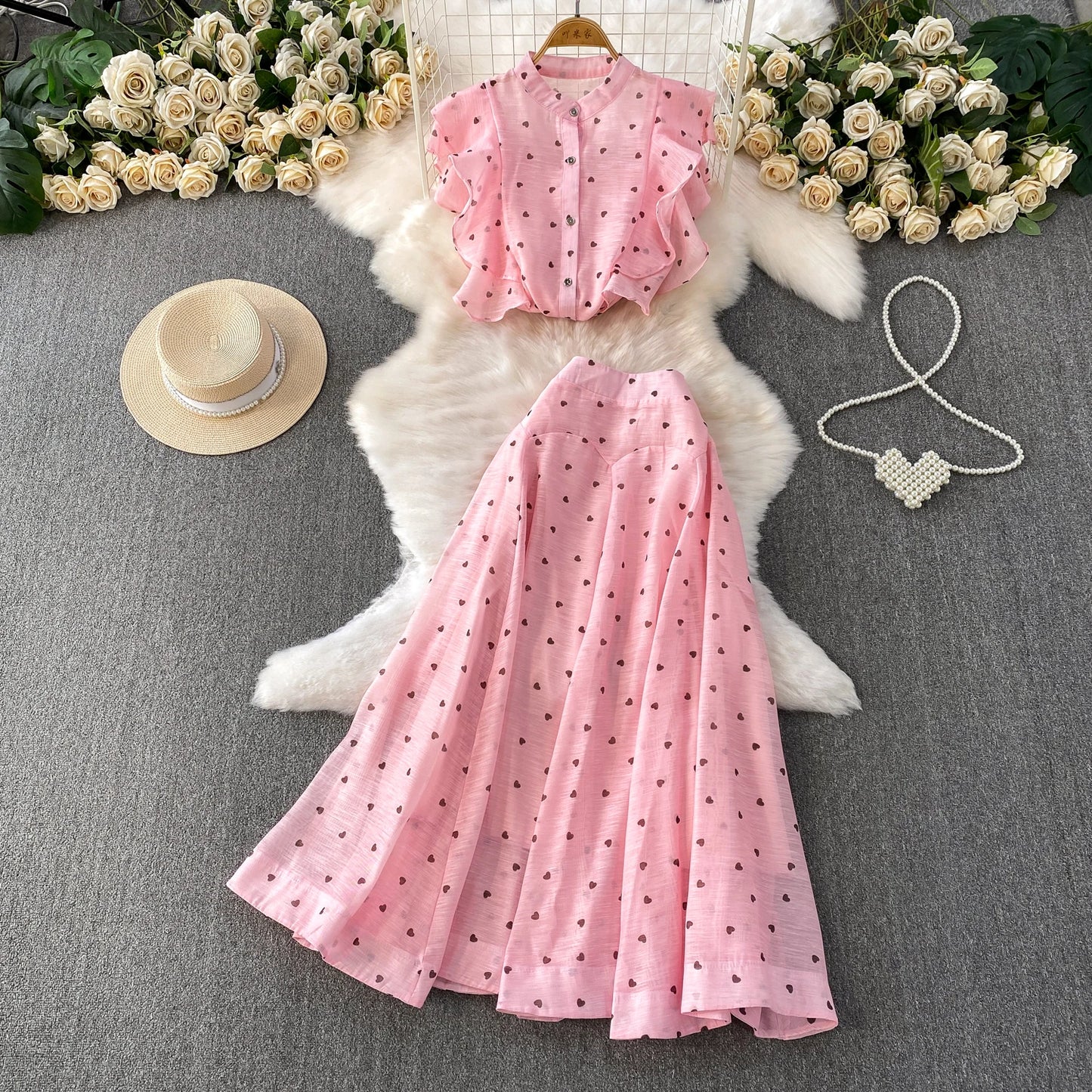 Women's French Style Sweet Chiffon Two-Piece Set — Heart Print Shirt & Flared Skirt