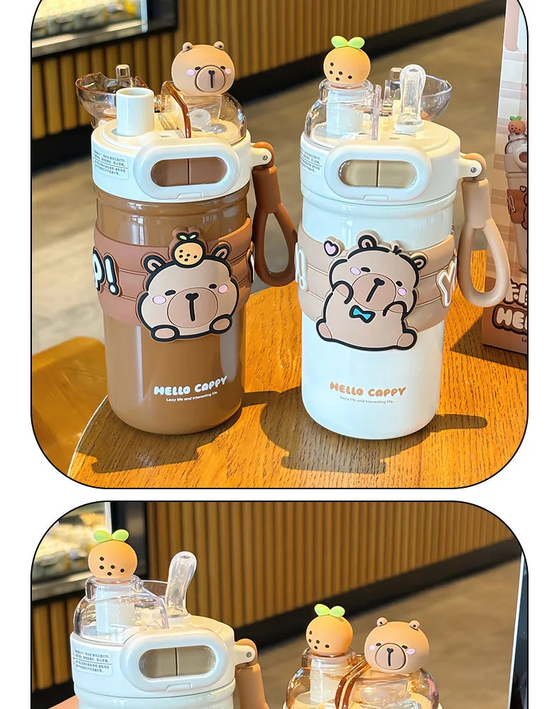 Capybara Stainless Steel Water Bottle — 520ml Vacuum Insulated with Straw