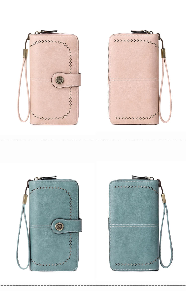 RFID anti-theft brush Retro large capacity long wallet Multi-card women's wallet Multi-function zipper wallet with wrist strap