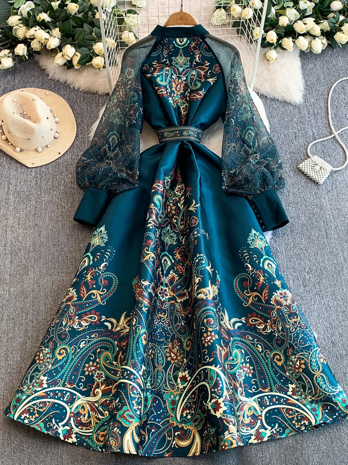 Elegant European Court Style Vintage Mesh Splice Print Lantern Sleeve Long Dress Women's Waist Cinching Slimming Maxi Gown