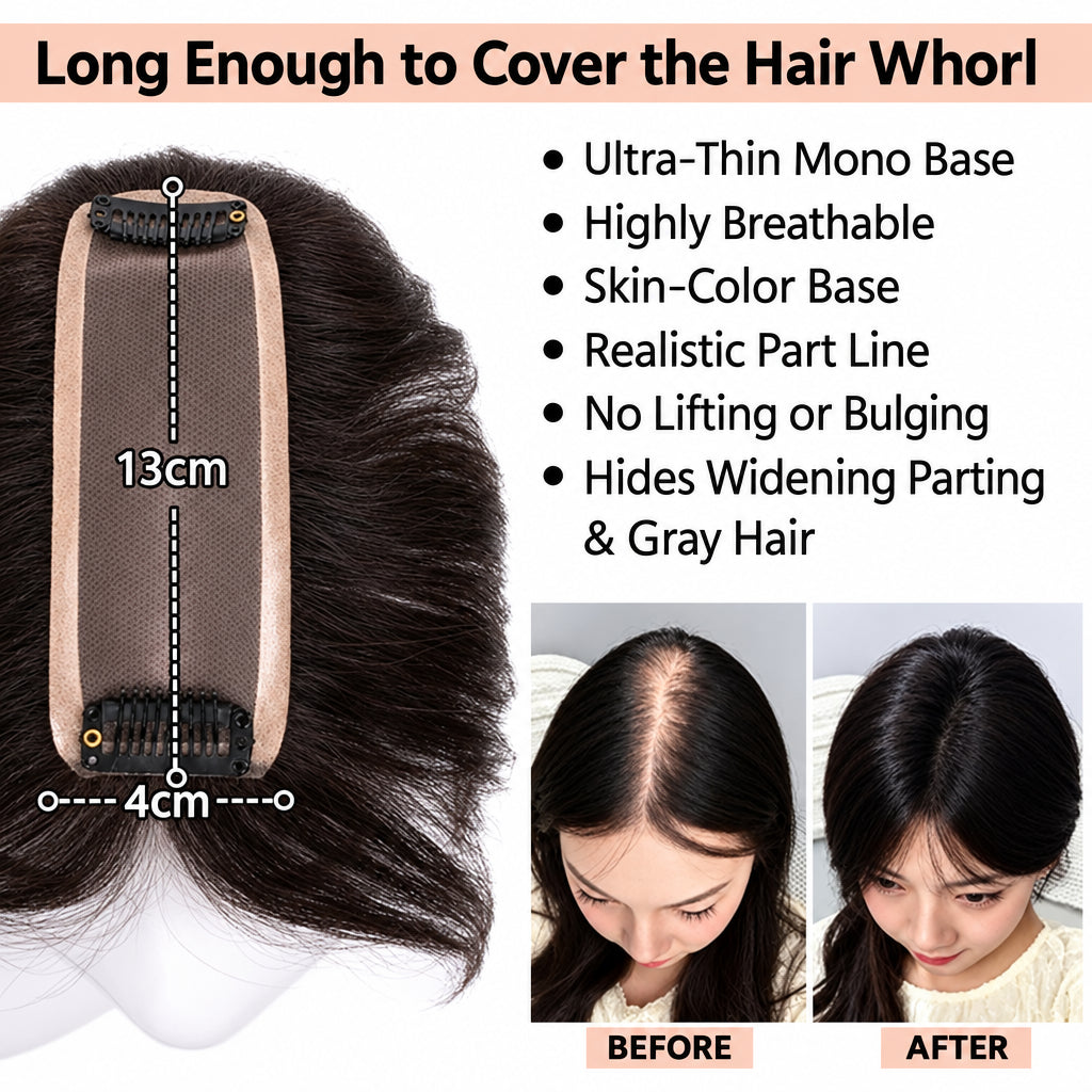 Women's Straight Human Hair Topper — 4 × 13 cm Mono & PU Base
