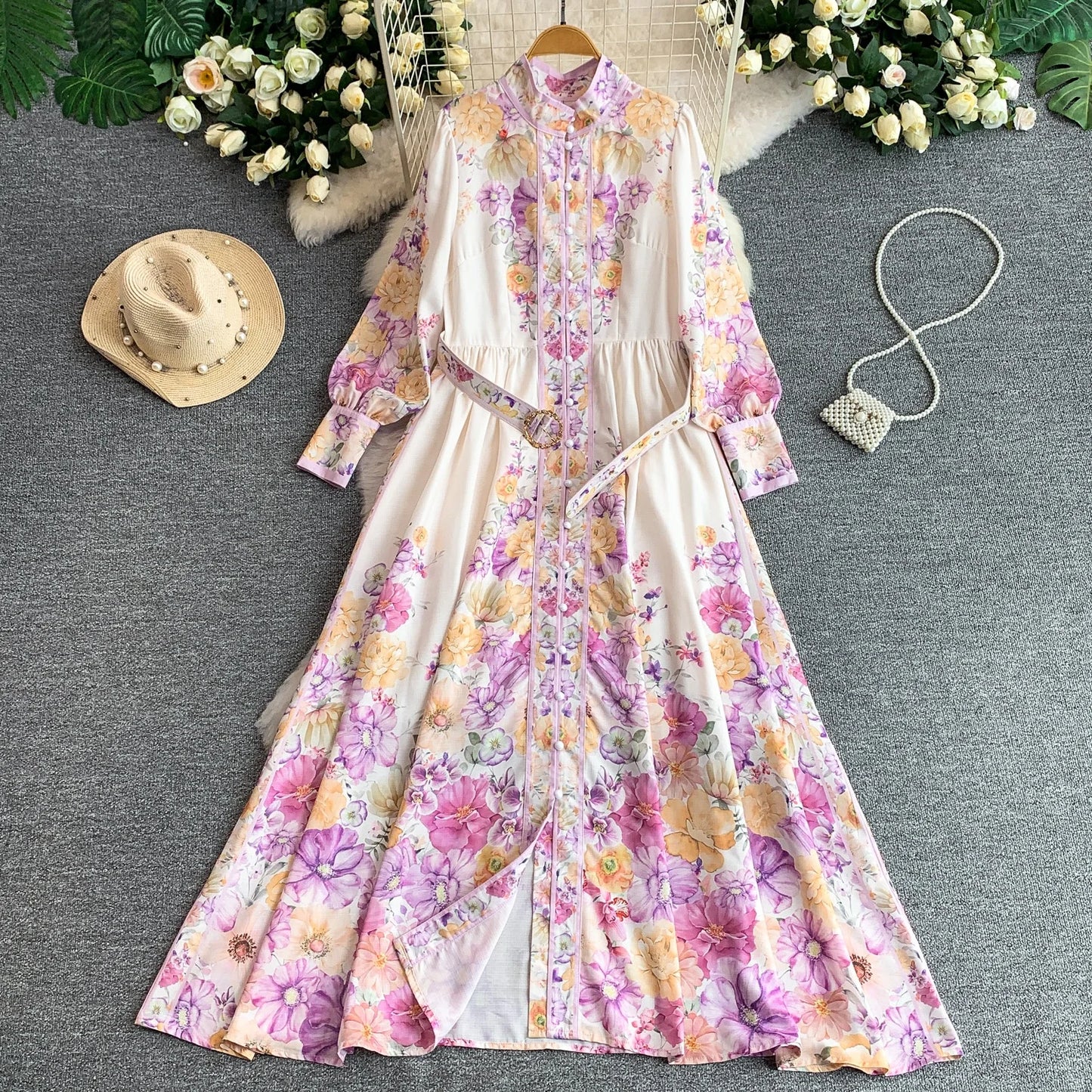 Women's Romantic Print Lantern Sleeve Dress — Belted Split Maxi