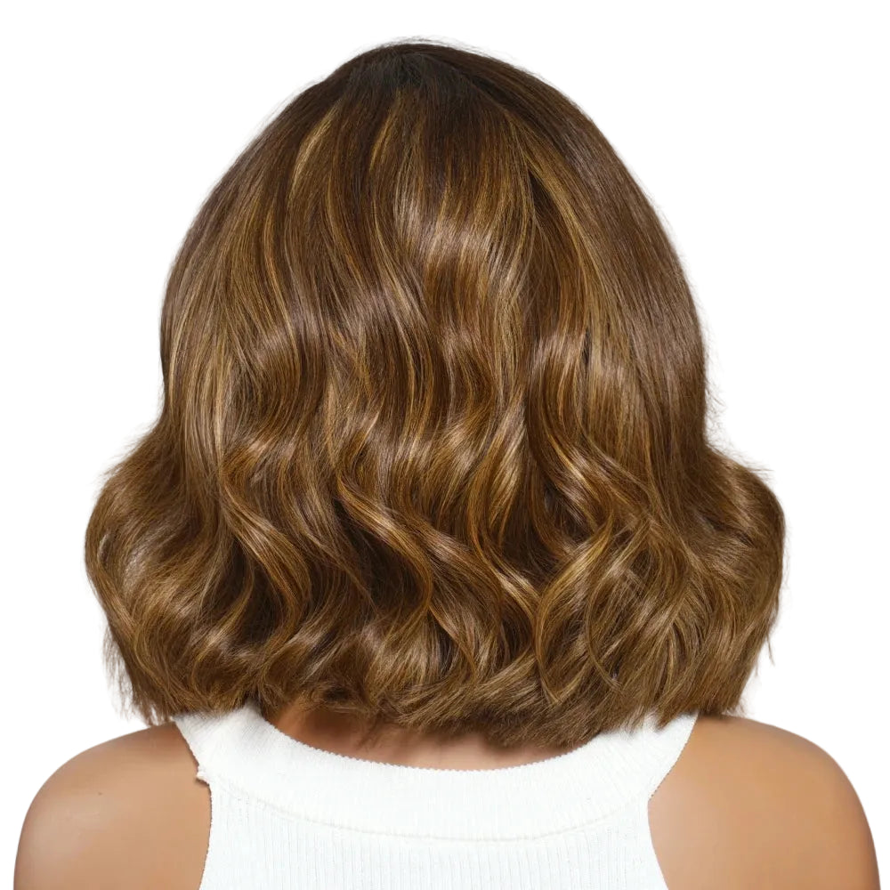 Brown With Blonde Highlights Wavy Bob Wig | Face-Framing Layers Side Part 7x5 & 13x4 Lace Glueless Human Hair