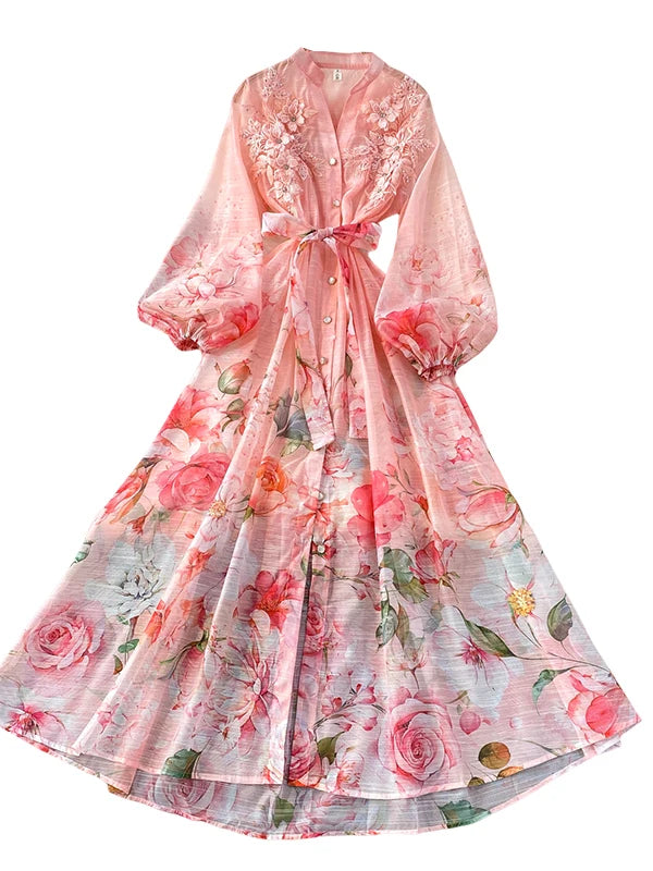 Elegant French Style round Neck Long Sleeve Dress Women's Spring Autumn Heavy Work Floral Embroidery A-Line Skirt Dress