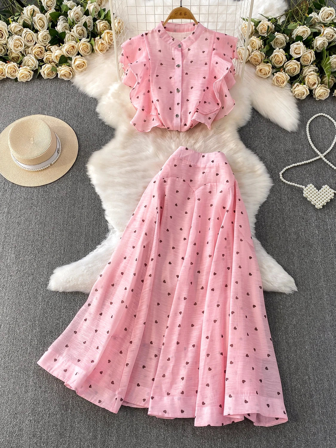 Women's French Style Sweet Chiffon Two-Piece Set — Heart Print Shirt & Flared Skirt