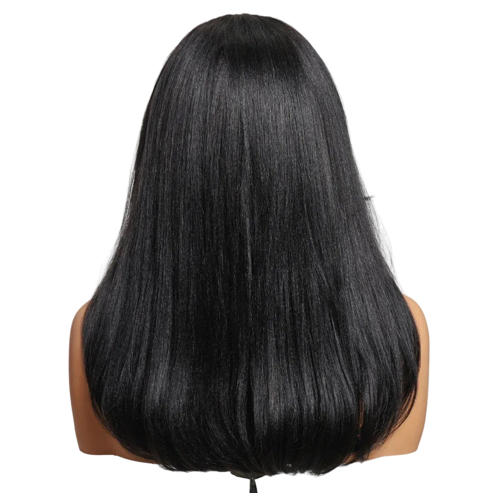 7x5 Lace Drawstring Cap Yaki Straight Wig With Side Bangs Pre Cut Pre Bleached Glueless Wig Human Hair 150% Density