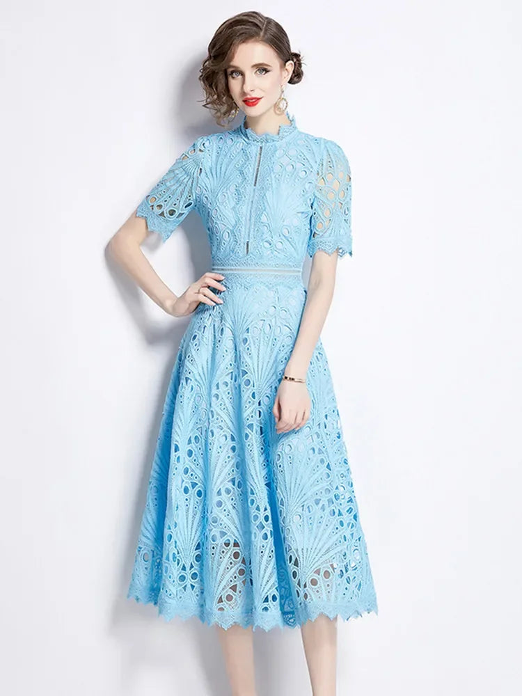 Women's Vintage High-End Lace Hollow-Out Long Dress — Slim Elegant Summer Gown