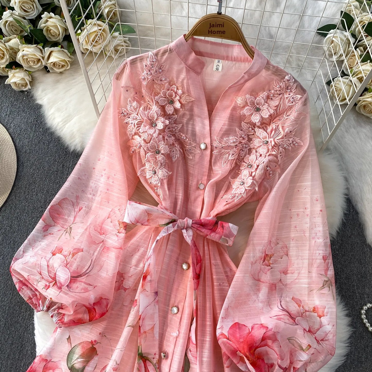 Elegant French Style round Neck Long Sleeve Dress Women's Spring Autumn Heavy Work Floral Embroidery A-Line Skirt Dress