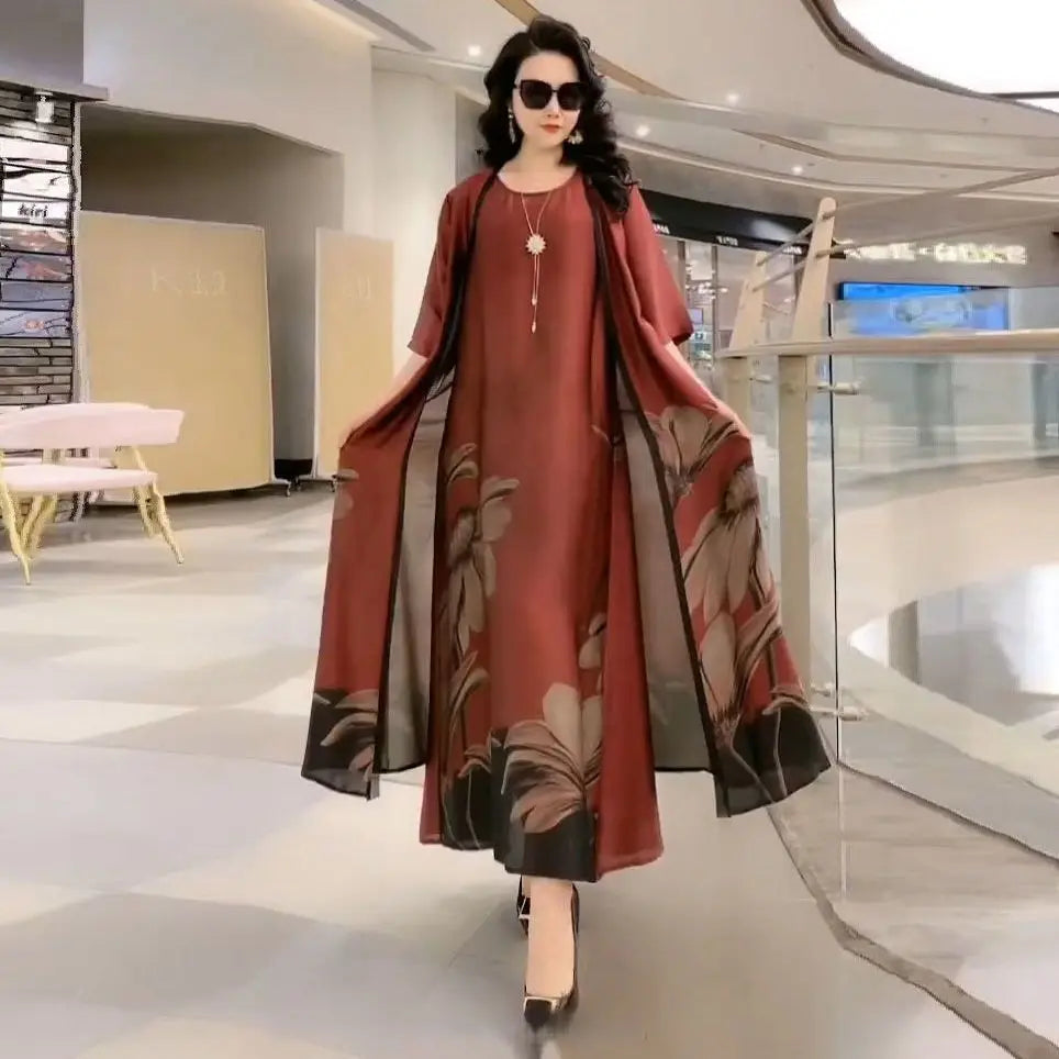 Elegant Printed Chiffon Dress Two-Piece Set