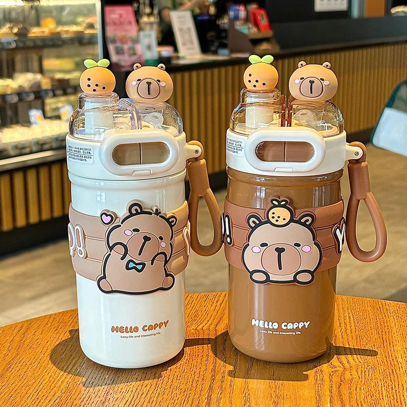 Capybara Stainless Steel Water Bottle — 520ml Vacuum Insulated with Straw