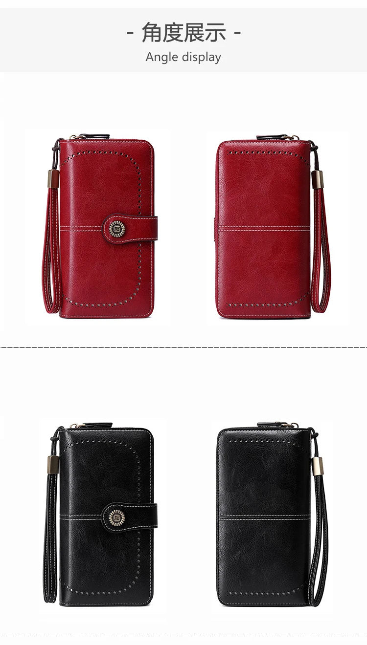 RFID anti-theft brush Retro large capacity long wallet Multi-card women's wallet Multi-function zipper wallet with wrist strap