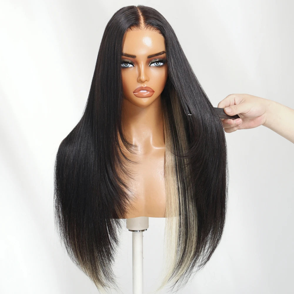Black With Blonde Underlayer Layered Cut Straight Human Hair Wig | 7x5 Glueless Lace Wig 150% Density