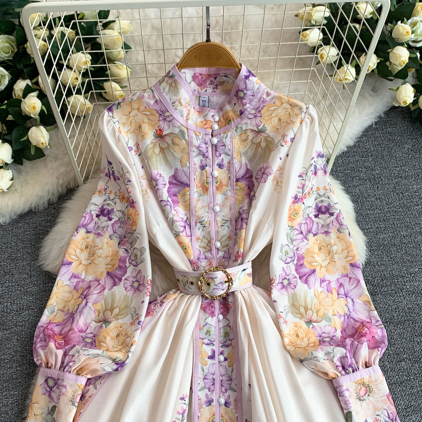 Women's Romantic Print Lantern Sleeve Dress — Belted Split Maxi