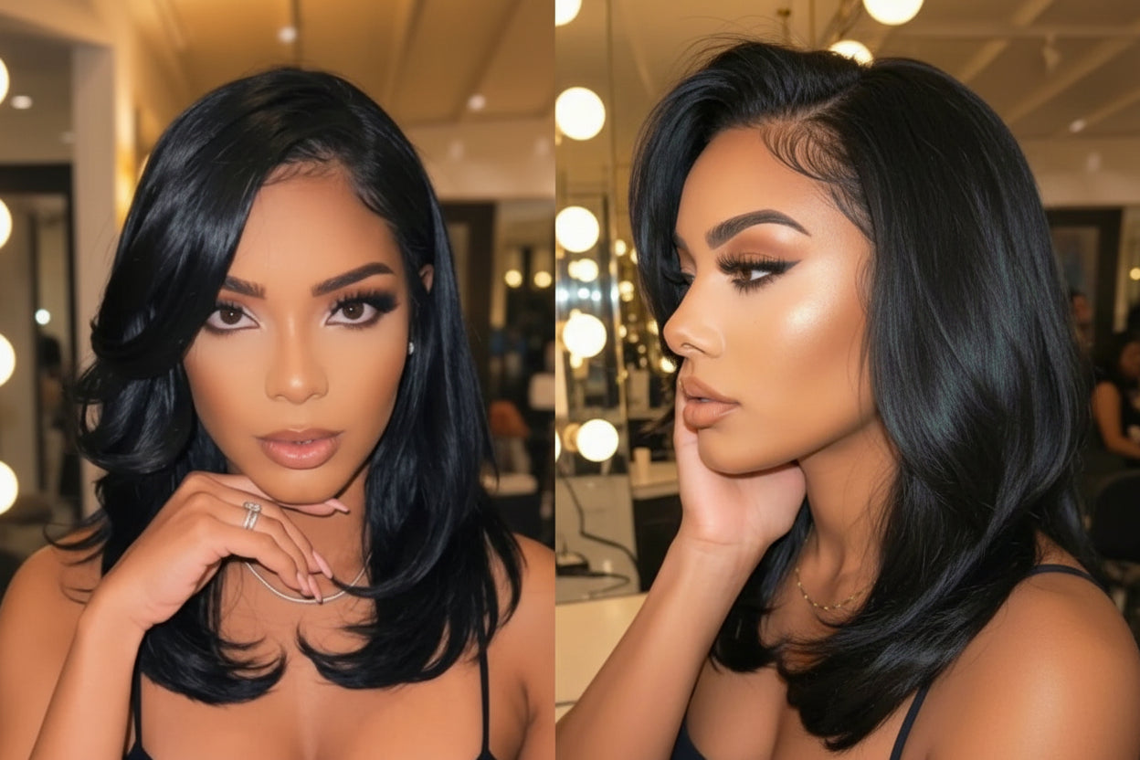 Side Part Layered Cut Light Yaki Straight 7x5 Lace Glueless Human Hair Wig Short Bob Wigs