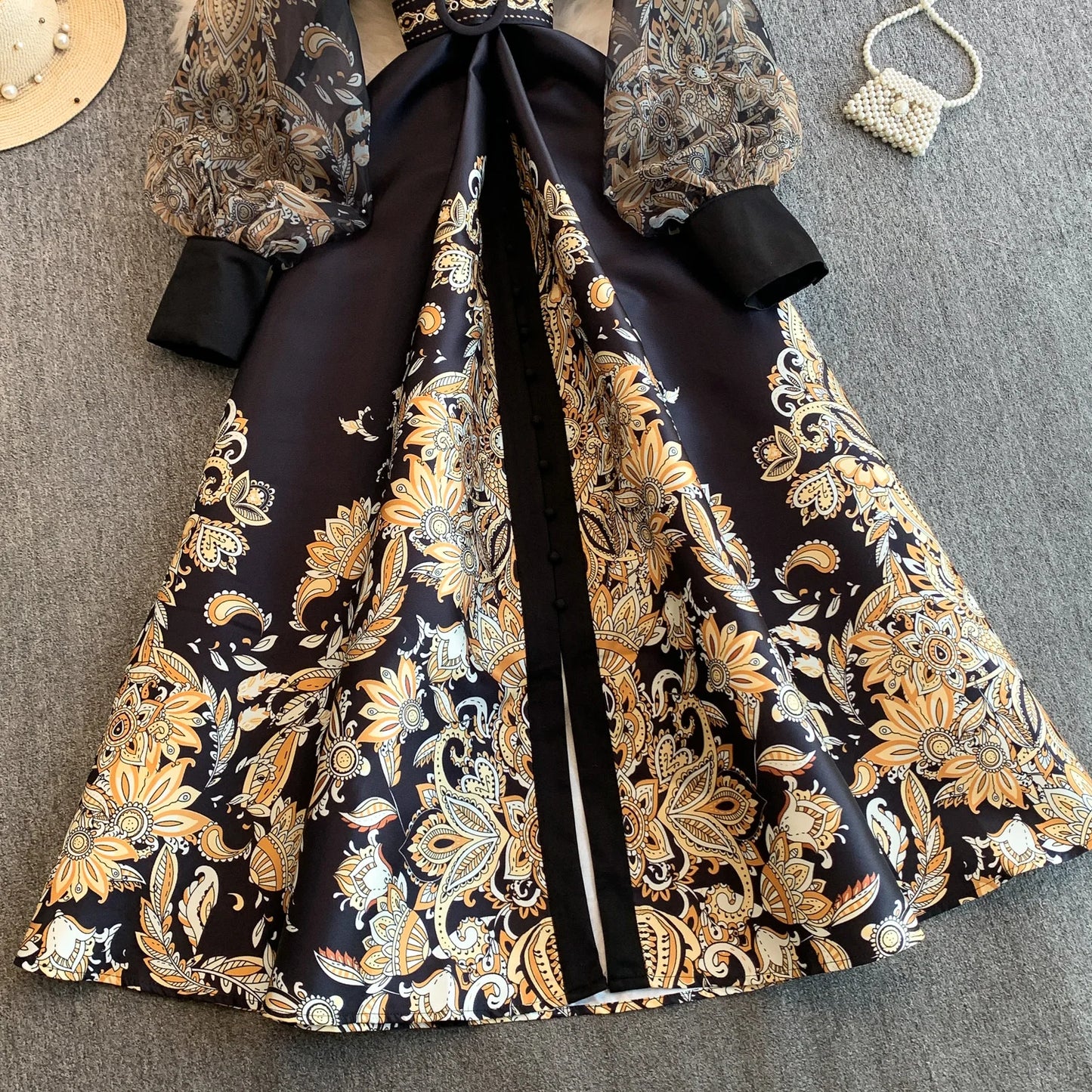 Elegant European Court Style Vintage Mesh Splice Print Lantern Sleeve Long Dress Women's Waist Cinching Slimming Maxi Gown