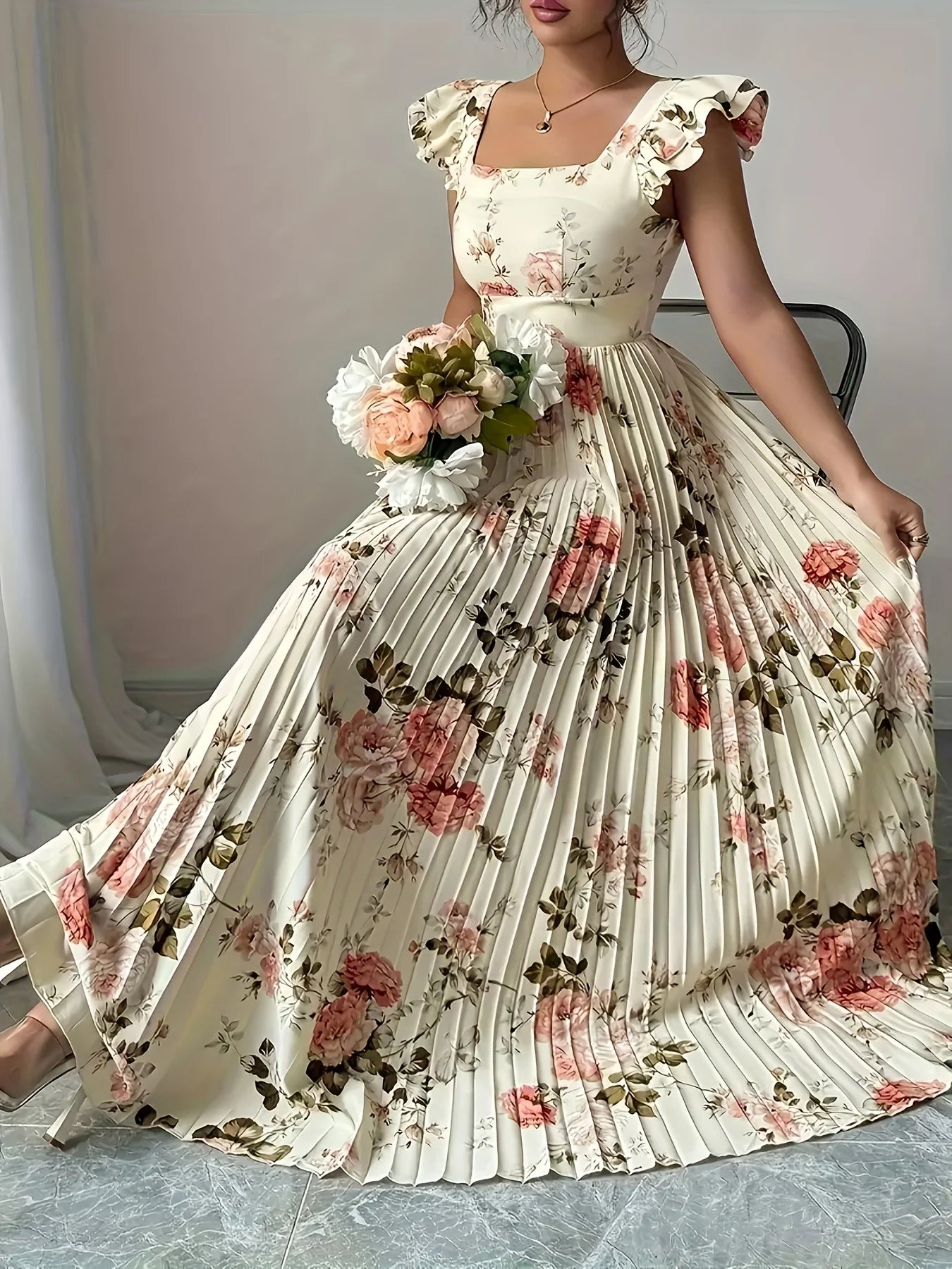 Elegant Floral Pleated Midi Dress — Square Neck Ruffle Sleeveless Party Gown