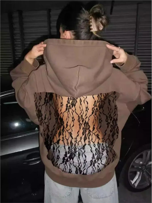 Women's Backless Lace Fleece Hoodie