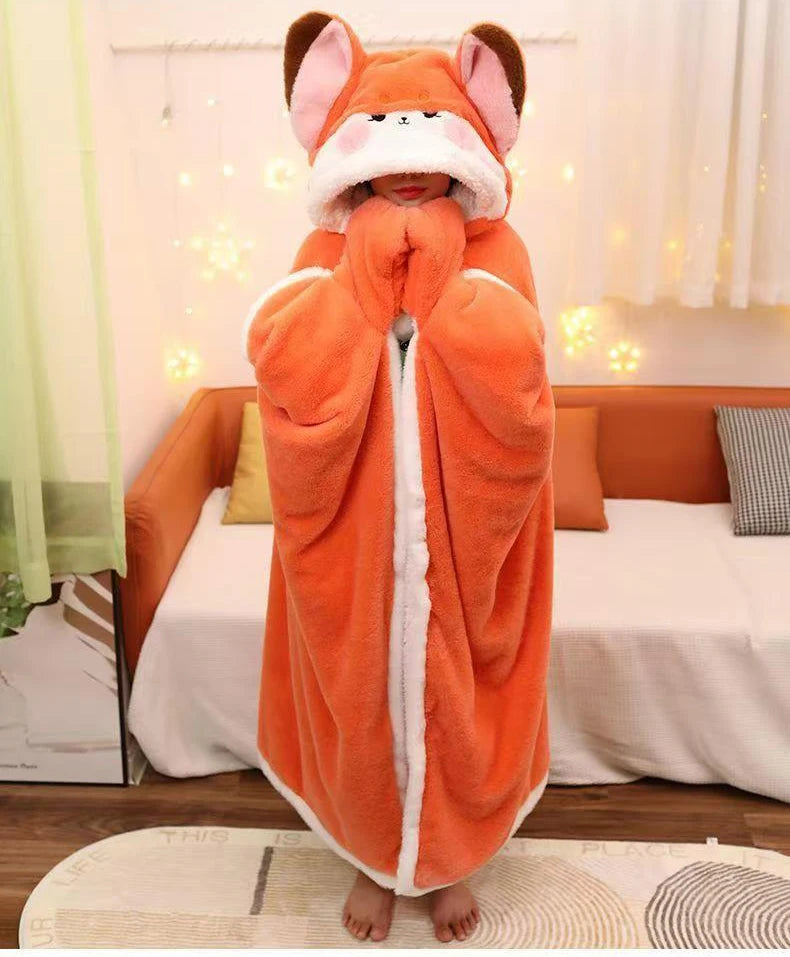 Winter Cartoon Fox Wearable Blanket Cloak — Cozy Shawl Nap Blanket
