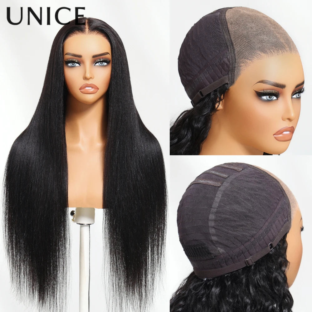 No-Slip 7x5 Lace Yaki Straight Wig With Drawstring 100% Human Hair Glueless Wigs Pre Cut Pre Bleached Wig for Beginners