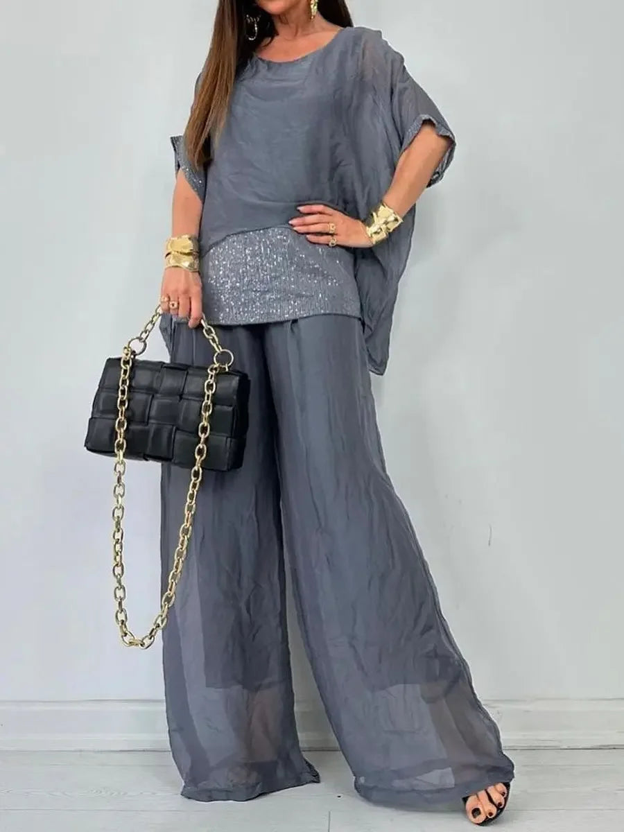 Women's Summer Chiffon Sequin Patchwork Casual Set — Batwing Sleeve Top & Wide Leg Pants