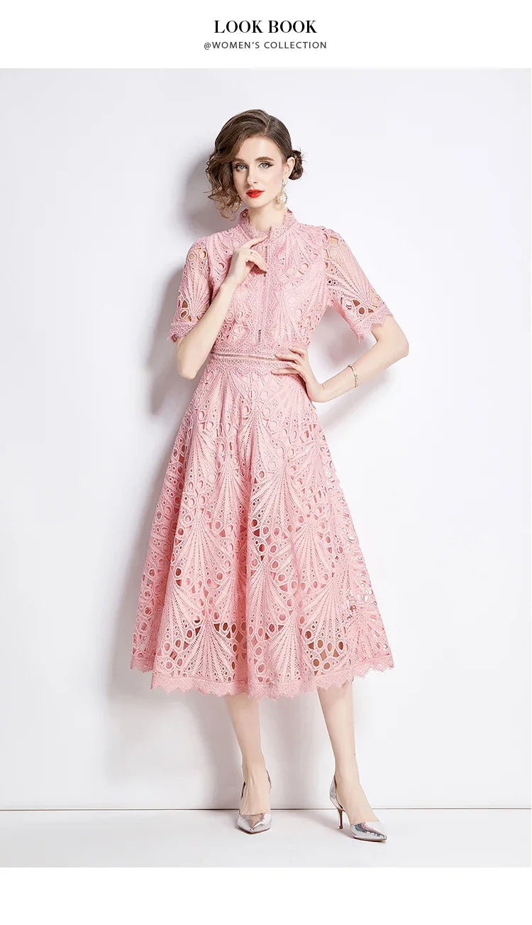 Women's Vintage High-End Lace Hollow-Out Long Dress — Slim Elegant Summer Gown