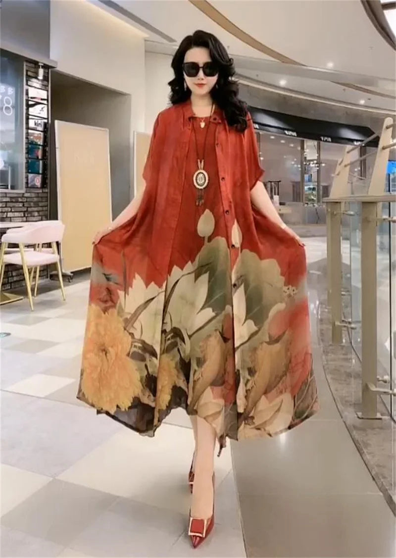 Elegant Printed Chiffon Dress Two-Piece Set