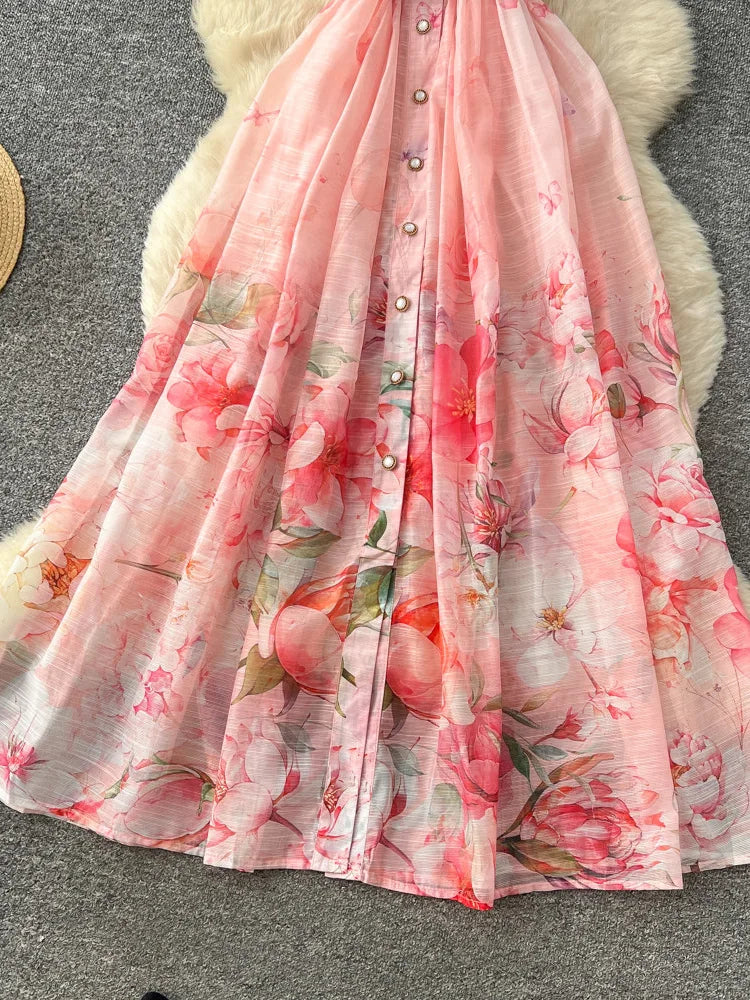 Women's French Countryside Chiffon Printed Dress — Raglan Sleeve A-Line