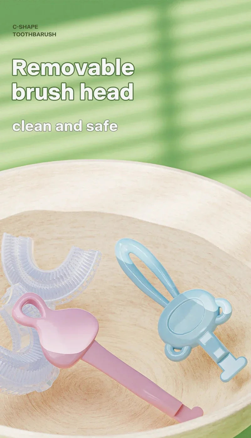 Kids U-Shaped Silicone Toothbrush — 360° Cartoon Design for Ages 1–12
