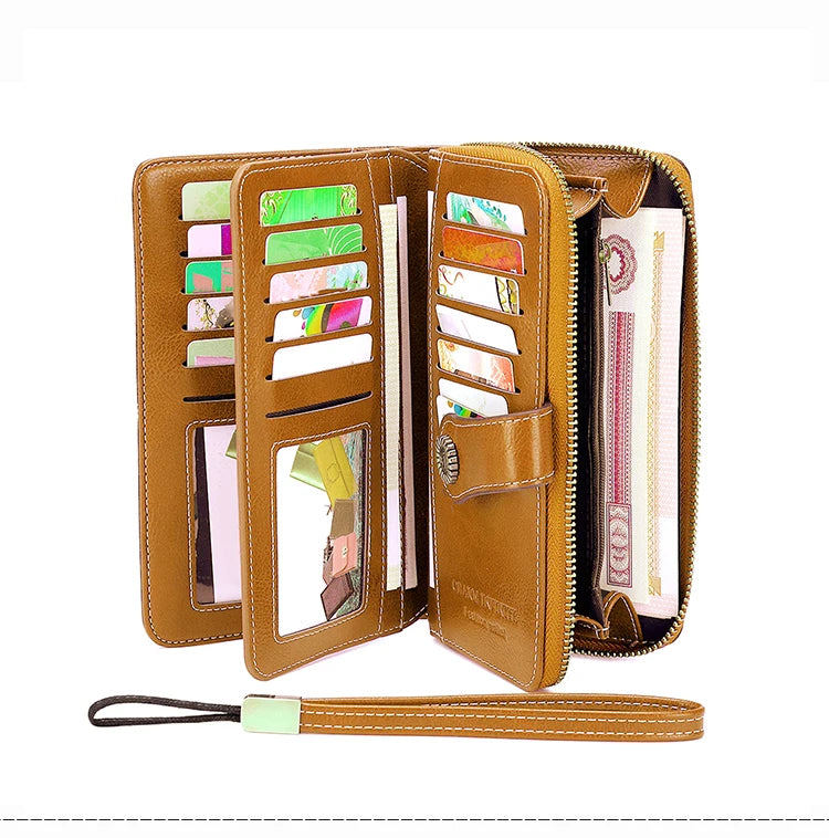 RFID anti-theft brush Retro large capacity long wallet Multi-card women's wallet Multi-function zipper wallet with wrist strap