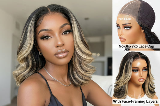 Natural Black With #27 Blonde Highlight Wavy Bob Wig | Glueless 7x5 Lace | 100% Human Hair