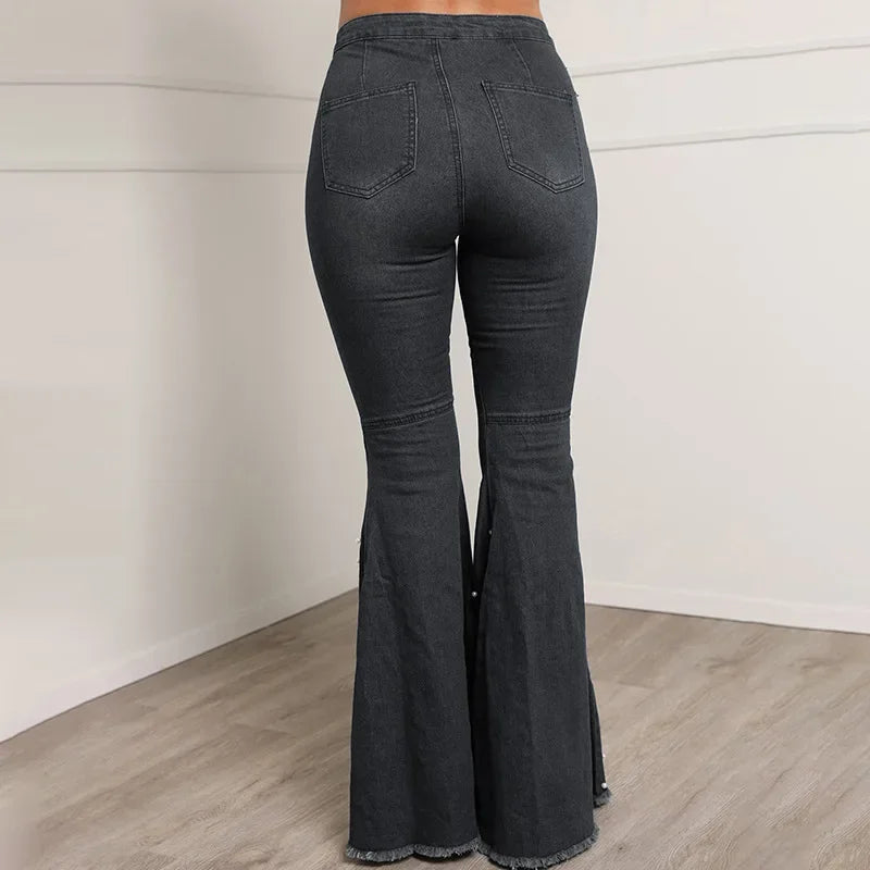 Women's High Waist Embroidered Flare Jeans — Slim Fit Distressed Denim