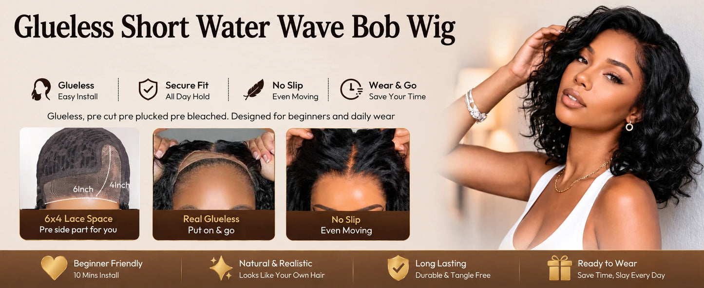 220% Density Water Wave Bob Wig – No-Slip 6x4 Minimalist Lace Glueless Human Hair | Ready To Wear