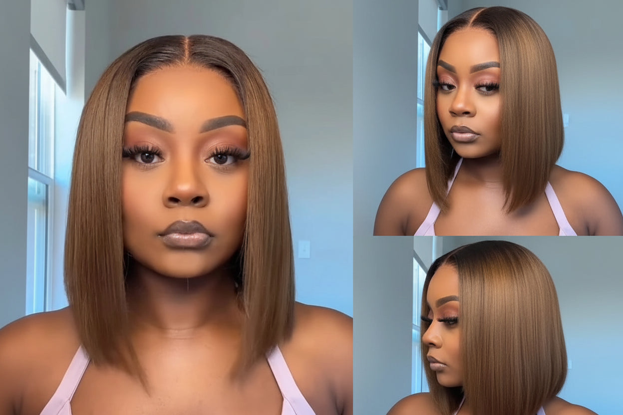 Chestnut Brown Ombre Yaki Straight Bob Wig | 7x5 & 13x4 Glueless Lace | 100% Human Hair