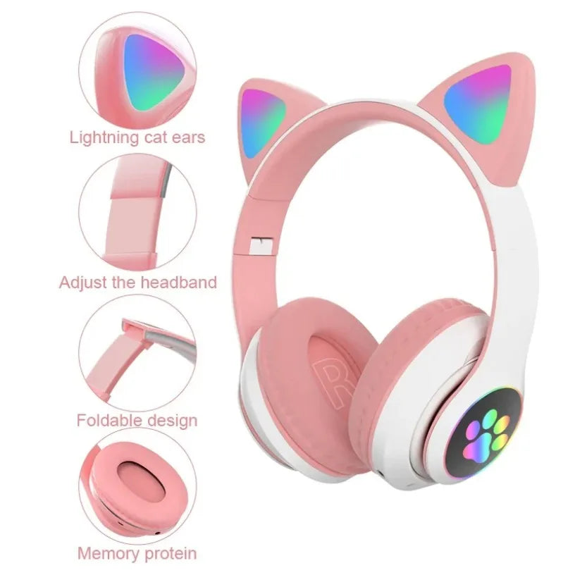Cat Ears Bluetooth Headphones for Kids – Wireless LED Flash, Mic & TF Card Support