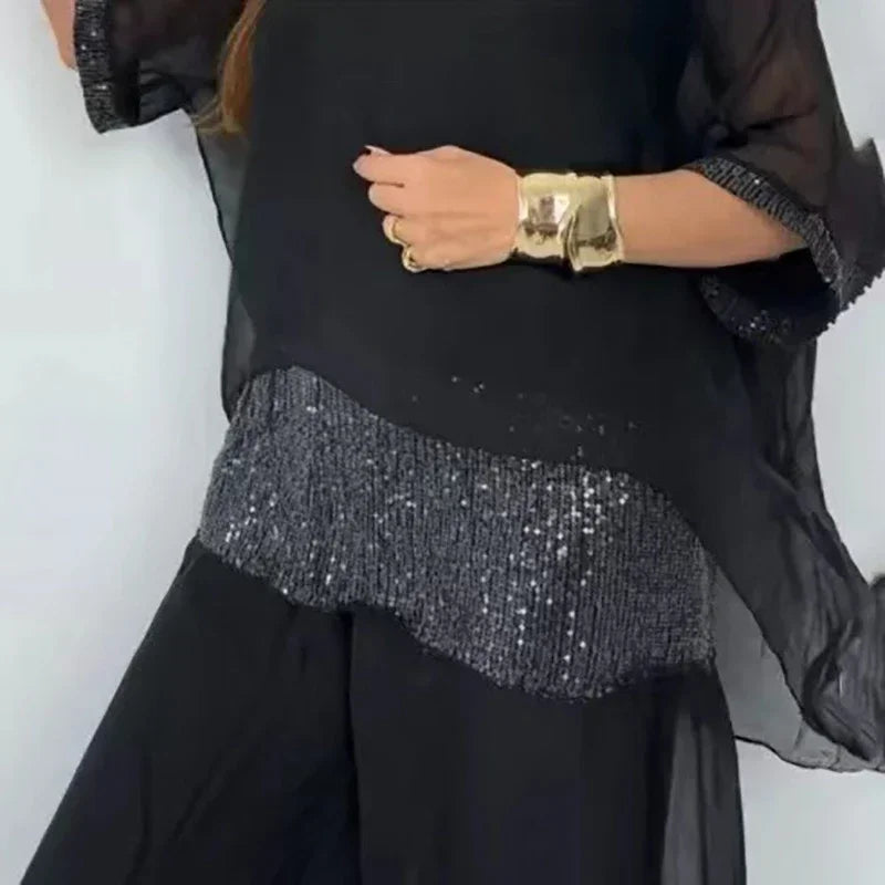 Women's Summer Chiffon Sequin Patchwork Casual Set — Batwing Sleeve Top & Wide Leg Pants
