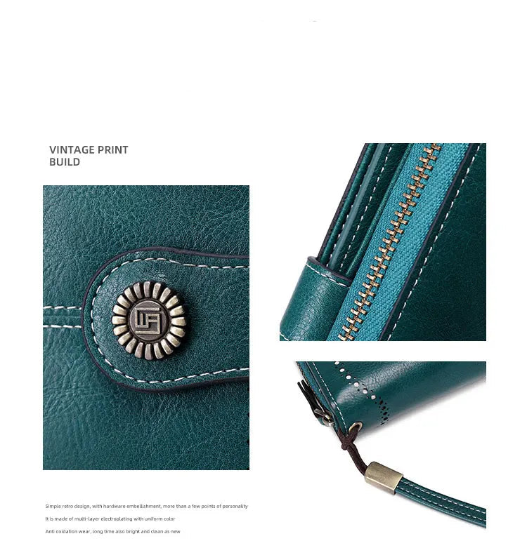 RFID anti-theft brush Retro large capacity long wallet Multi-card women's wallet Multi-function zipper wallet with wrist strap