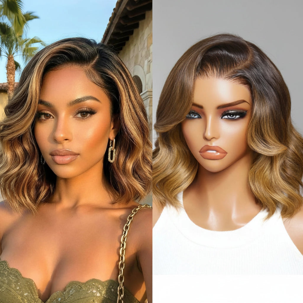 Brown With Blonde Highlights Wavy Bob Wig | Face-Framing Layers Side Part 7x5 & 13x4 Lace Glueless Human Hair