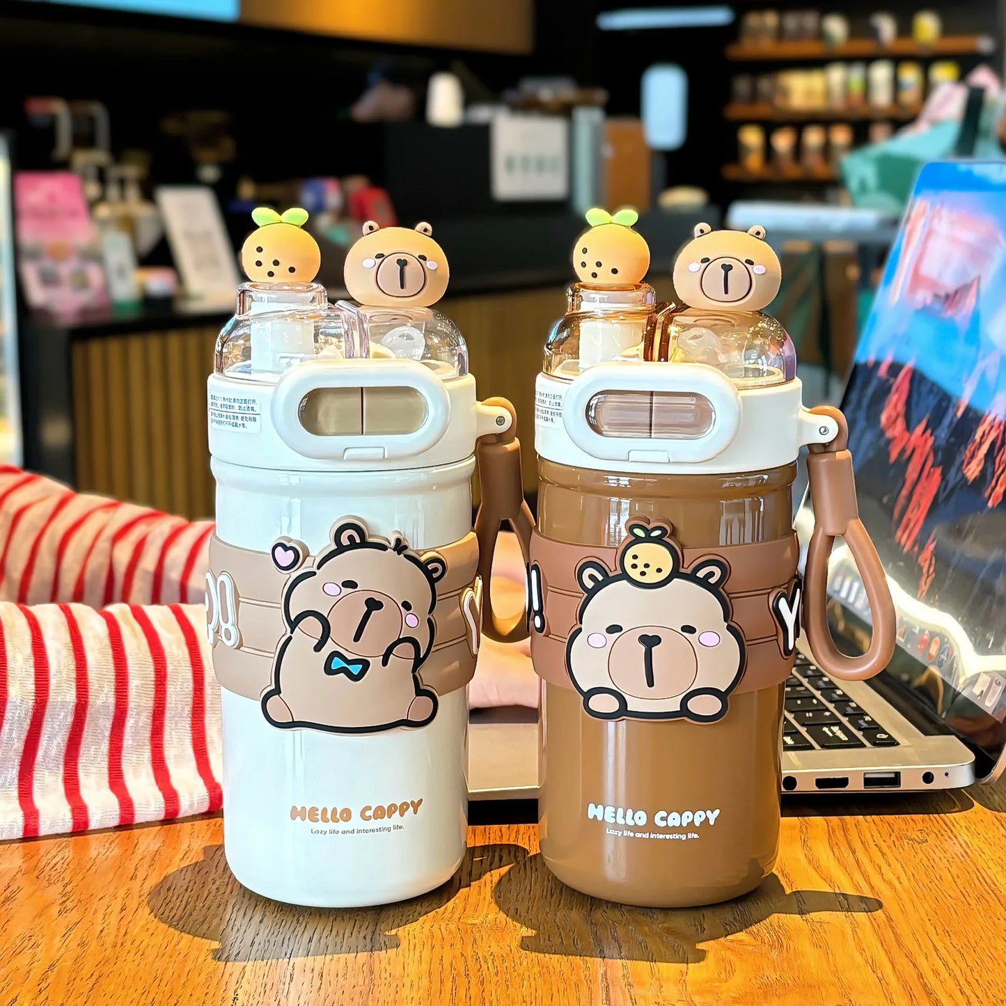 Capybara Stainless Steel Water Bottle — 520ml Vacuum Insulated with Straw