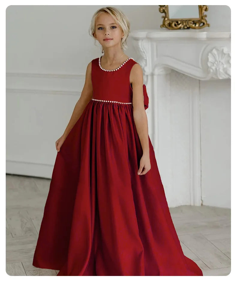 Girls Elegant Dress White Wedding Bridesmaid Prom Gown Big Bow Girls Party Dress Kids First Communion Formal Evening Vestidos
