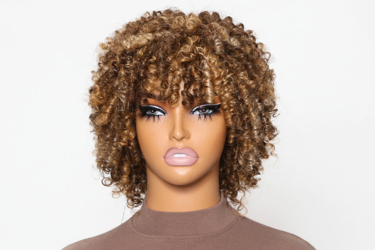 Blonde Highlight Afro Kinky Curly Wig With Bangs 100% Human Hair Bouncy Curls Short Human Hair Wigs Full Machine Made Wig
