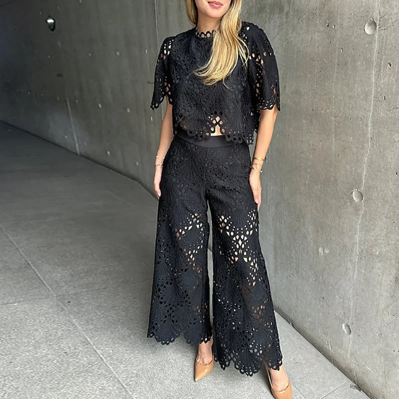 Women's Elegant Lace Embroidery Hollow-Out Two-Piece Set — Short Sleeve Top & Wide-Leg Pants