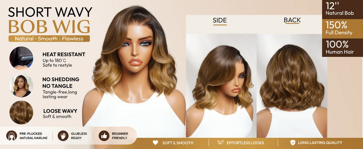 UNice 7x5 & 13x4 Lace Bye-Bye Slip™ Braun mit honigblonden Strähnen für das Gesicht, gewellte Bob-Perücke, 100 % Echthaar, kleberlose Perücke