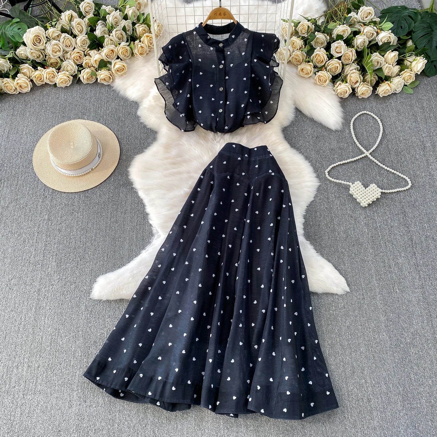 Women's French Style Sweet Chiffon Two-Piece Set — Heart Print Shirt & Flared Skirt
